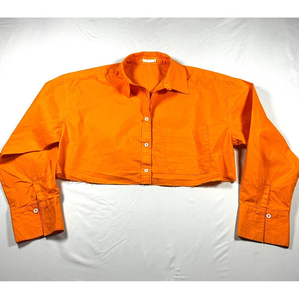 NIA Womens Orange Cropped Button Down Shirt Long Sleeve Raw Hem Size Small